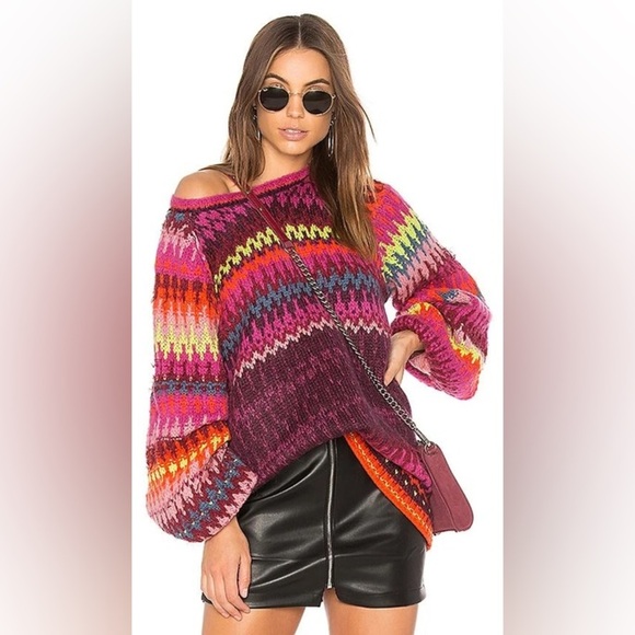 Free People Castle in the Sky Boho Multi Colored Sweater, Oversize Medium - Picture 2 of 8
